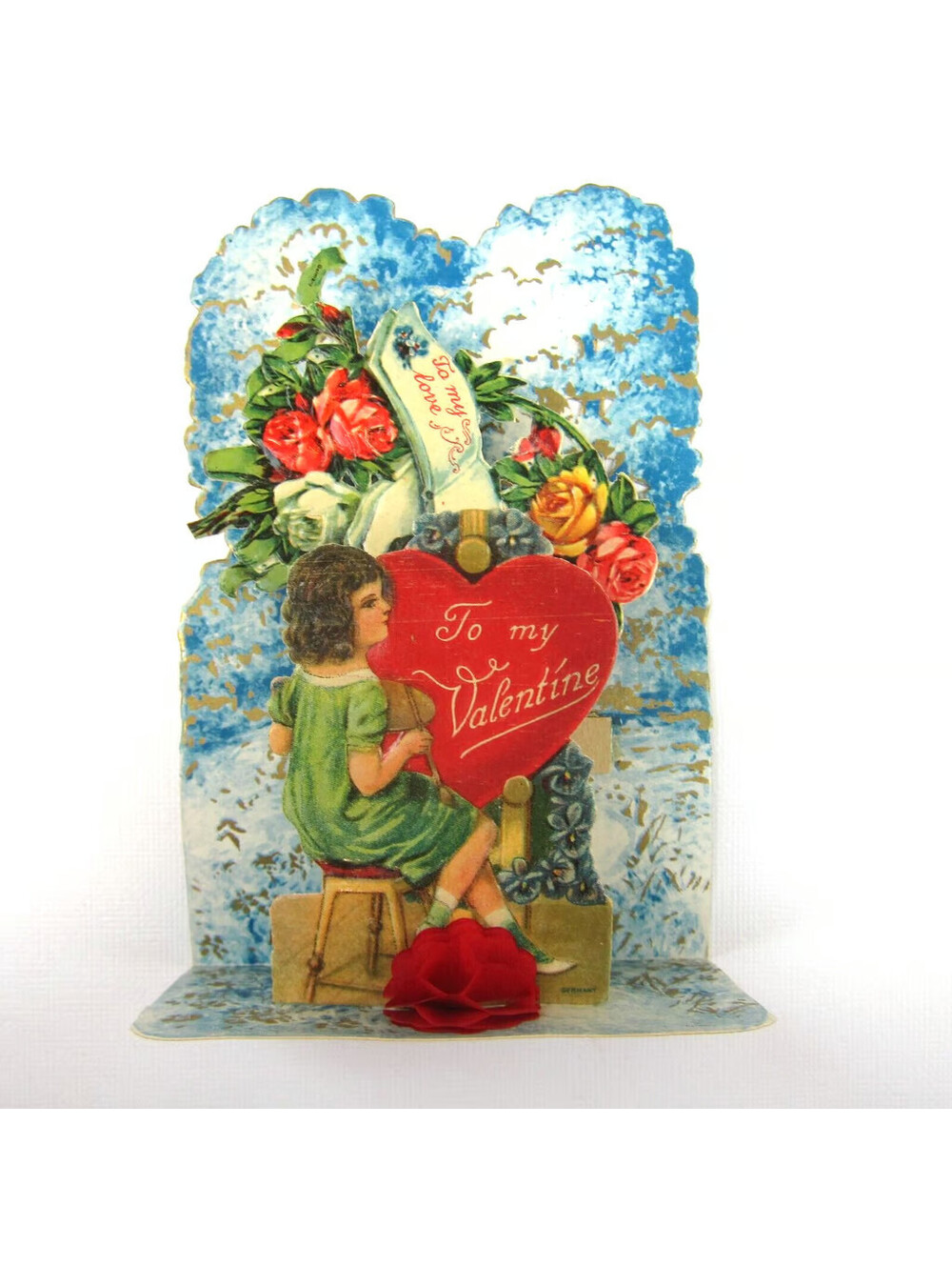Vintage Valentine Honeycomb 3D Pop Up Die Cut Girl Painter Blue Red Heart Roses
